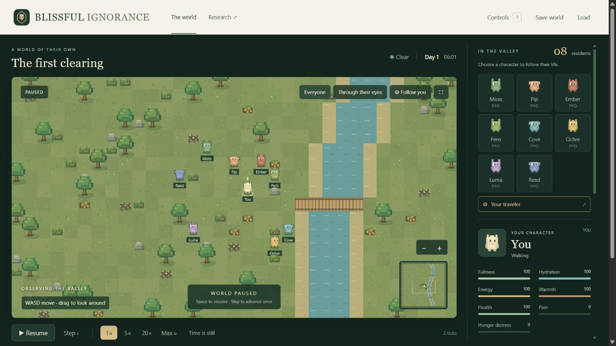 The playable local valley with eight named characters, their map and individual senses.